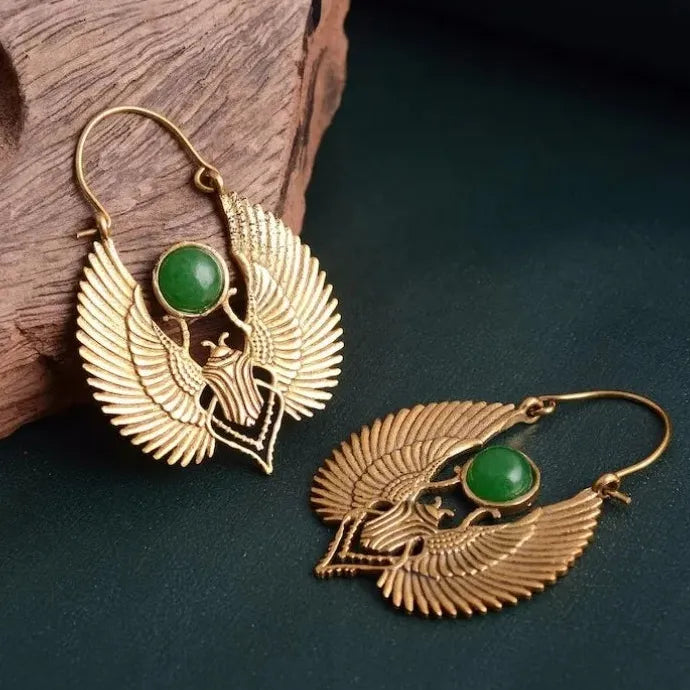 Vintage Egyptian Scarab Wings Large Hoop Earrings Gold Zinc Alloy Gift