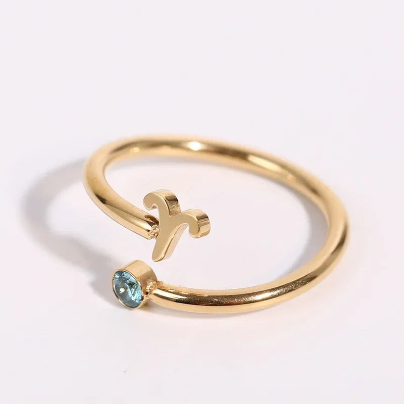 12 Constellation Symbol Adjustable 18K Gold Plated Zircon Knuckle Ring Gift