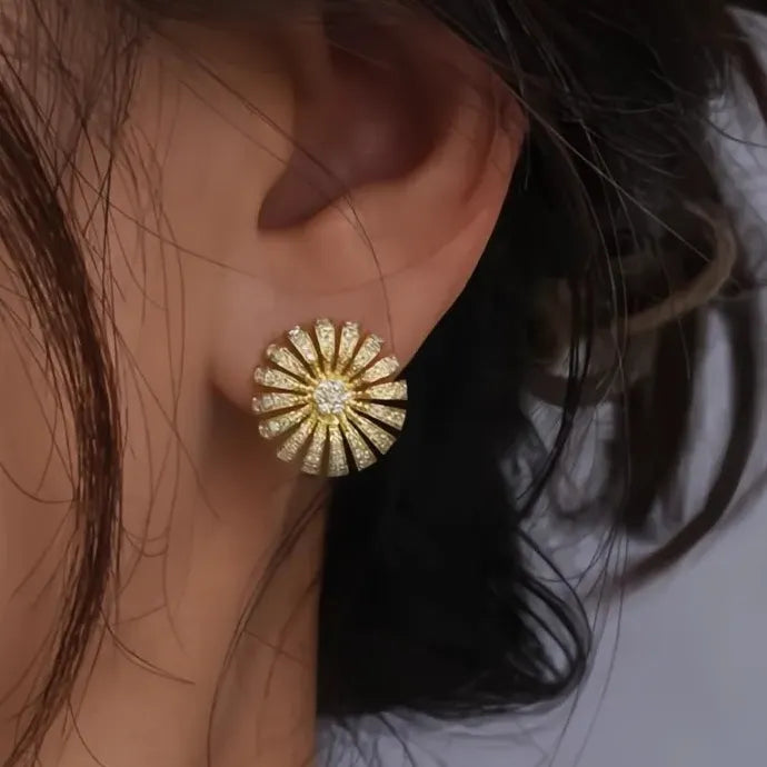 Gold Color Flower Plant Stud Earrings with Bright CZ Cubic Zirconia for Party Engagement