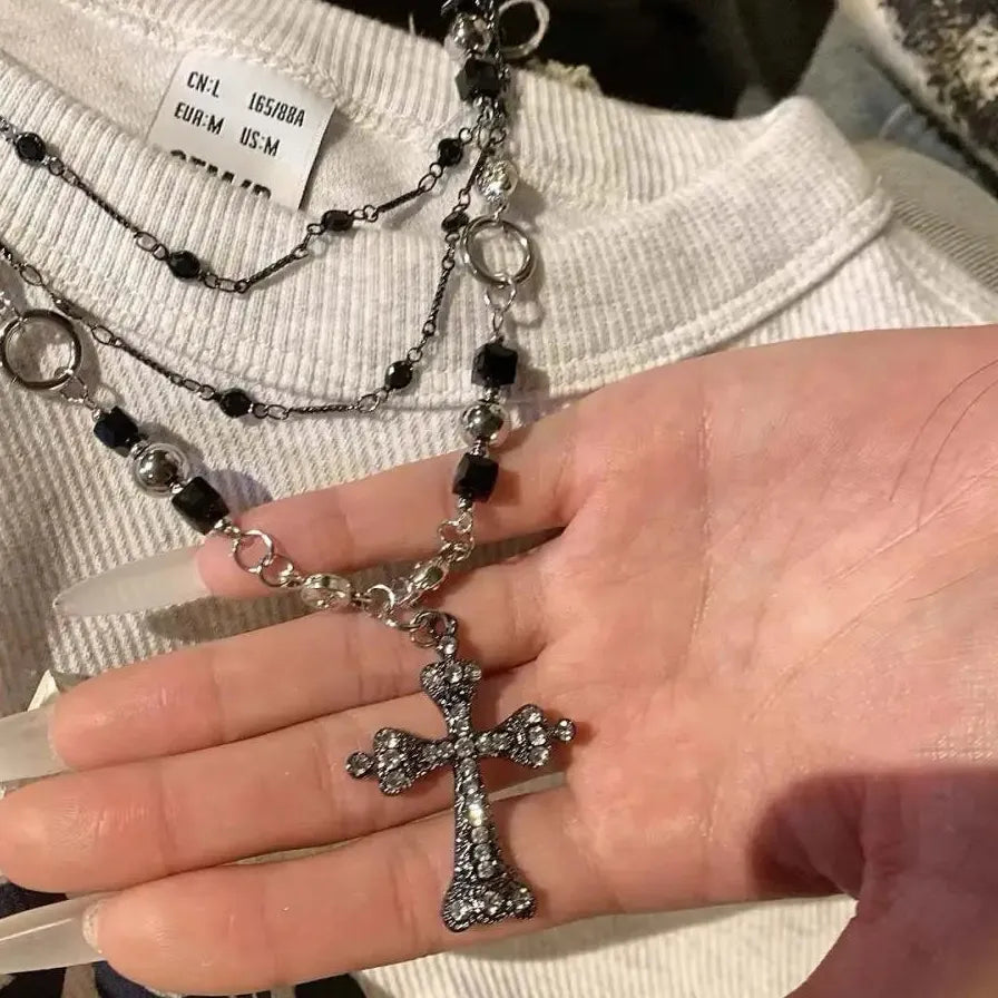Punk Hiphop Black Cross Pendant Necklace Y2K Gothic Rhinestone Jewelry