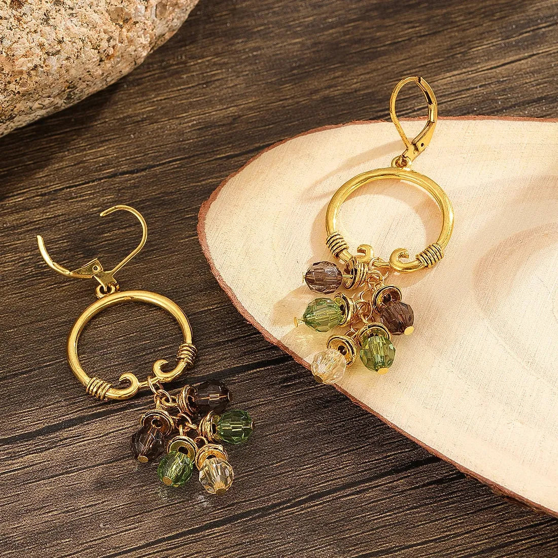 Ethnic Vintage Colorful Round Stone Resin Hoop Hollow Dangle Earrings Women
