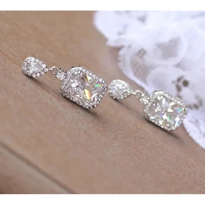 Rectangular Cubic Zirconia Drop Earrings Women’s Elegant Wedding Party Jewelry Gift
