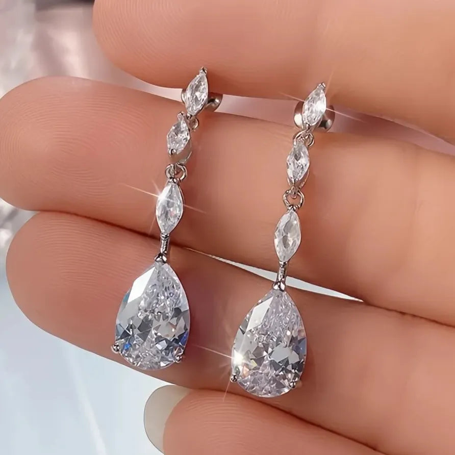 Bridal Silver Geometric CZ Dangle Earrings Elegant Wedding Jewelry