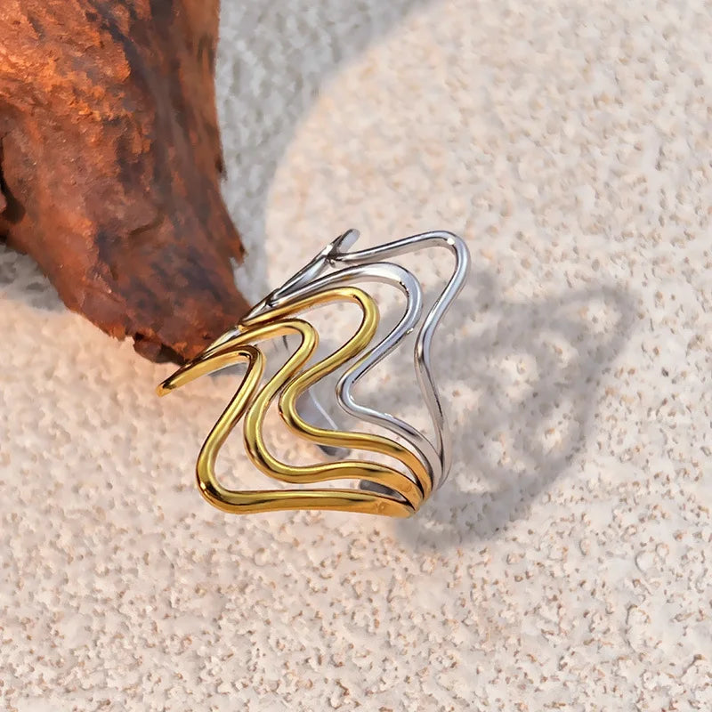 18k Gold Plated Punk Geometric Hollow Out Wide Wire Ring for Women Party Jewelry