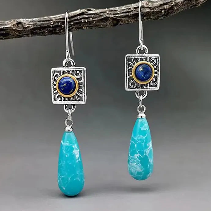 Retro Ethnic Style Two-Color Synthetic Stone Long Water Drop Earrings Zinc Alloy