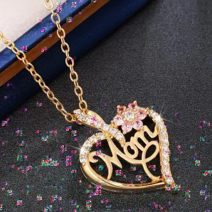 Mother's Day Pendant Necklace for Mom Copper Alloy Pink Flower CZ Jewelry