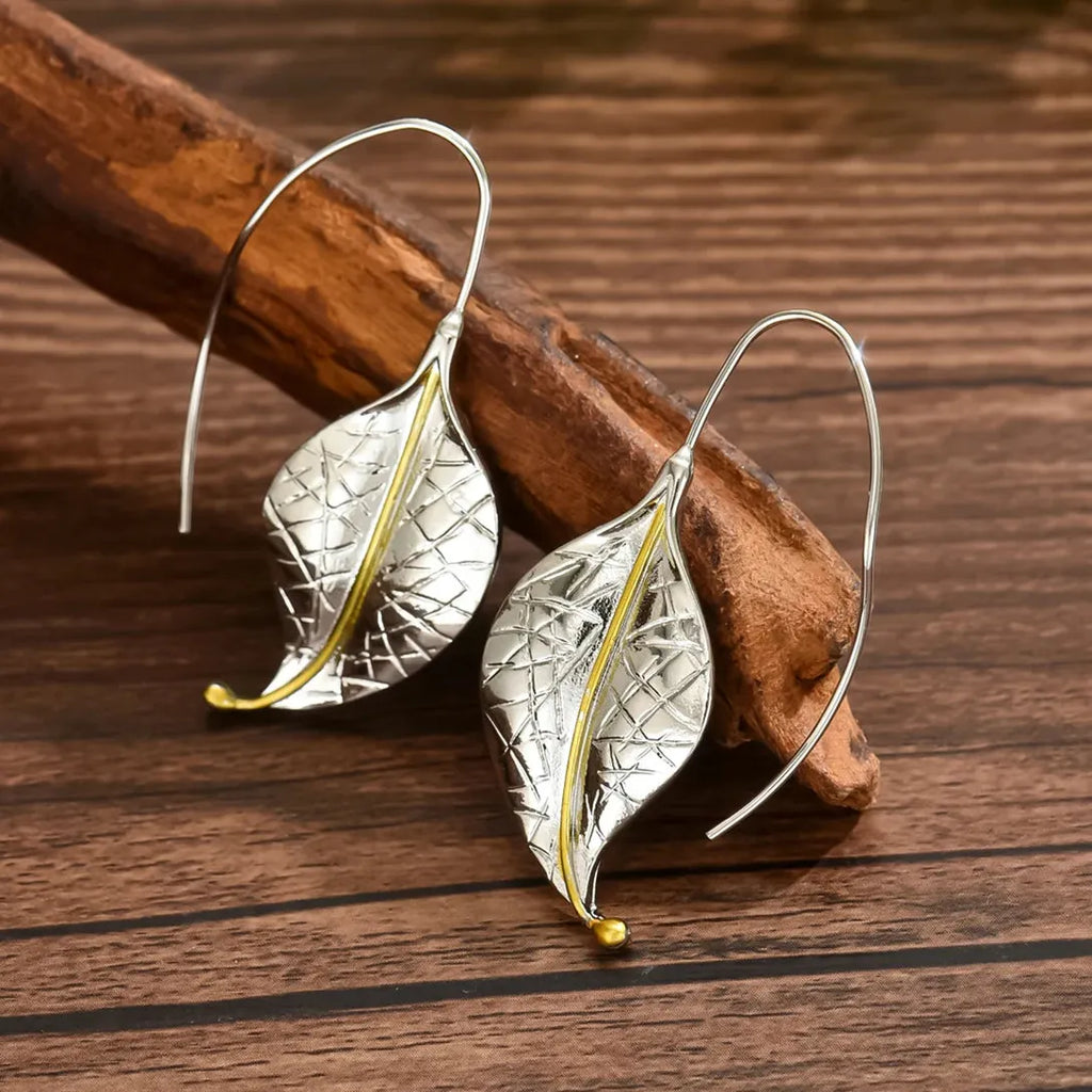 Retro Metal Geometric Leaf Drop Earrings for Women Girls Party Travel Jewelry