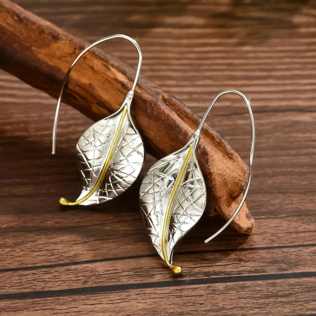 Retro Metal Geometric Leaf Drop Earrings for Women Girls Party Travel Jewelry