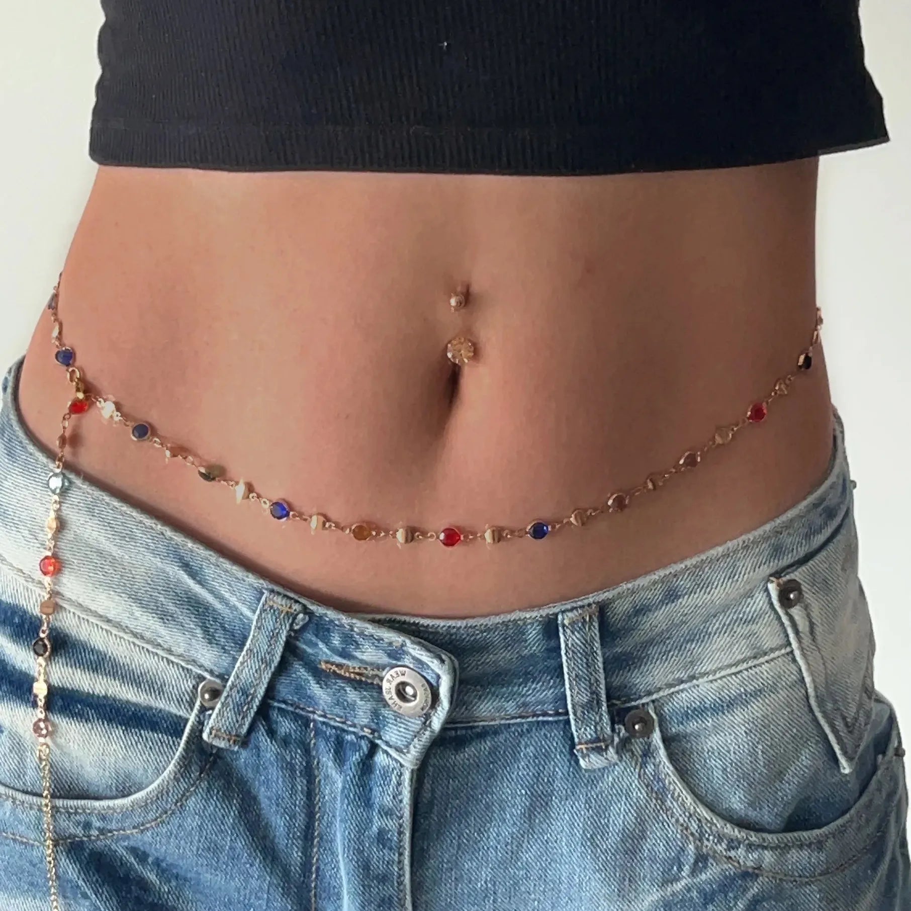 Zinc Alloy Colored Glass Crystal Waist Chain for Women Punk Bikini Jewelry Y2K