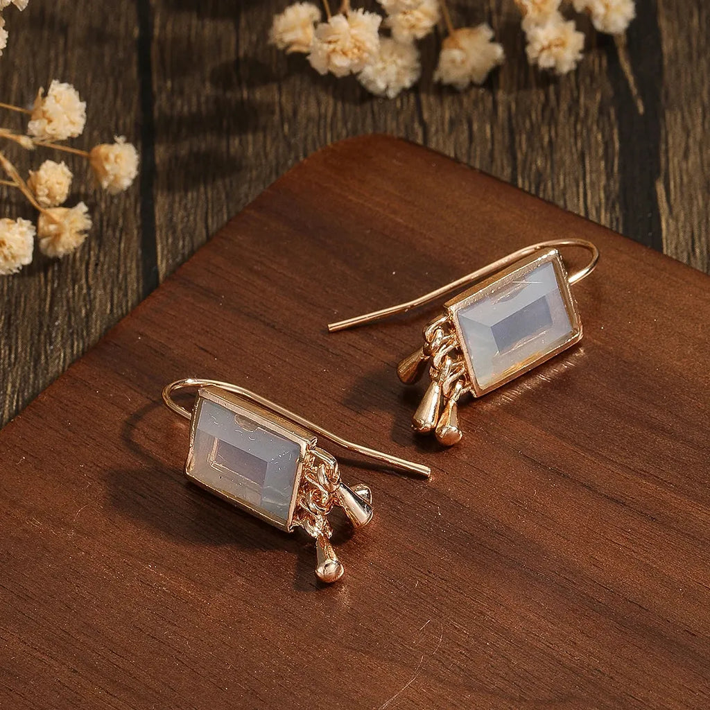Ethnic Geometric Inlay Green Stone Tassel Drop Earrings for Women Party Jewelry