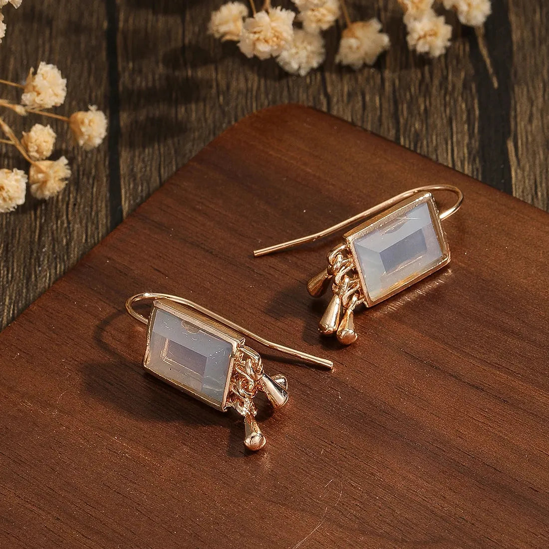 Ethnic Geometric Inlay Green Stone Tassel Drop Earrings for Women Party Jewelry