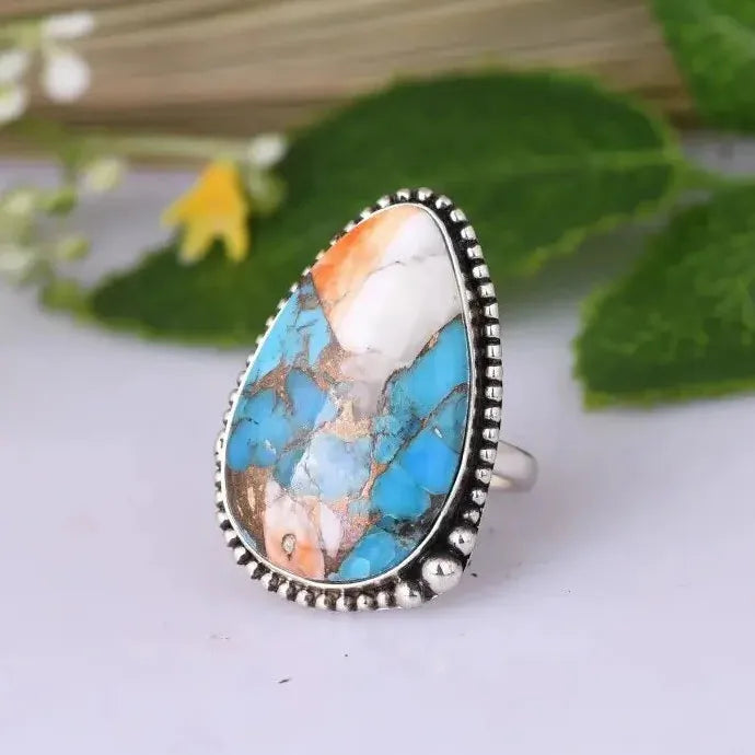 Retro Bohemian Copper Ring with Geometric Stone Resin Inlay for Women