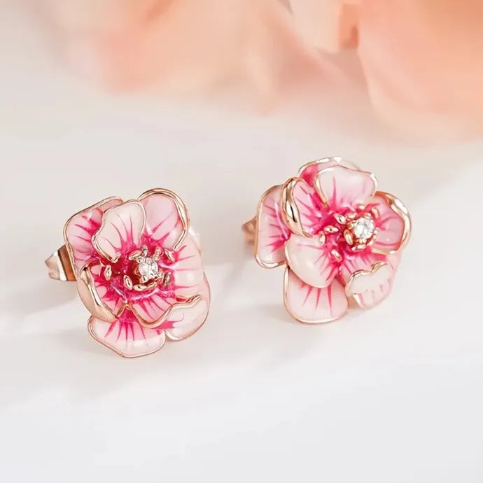 Pink Flower Geometric Copper Alloy CZ Stud Earrings Women Party Wedding Jewelry