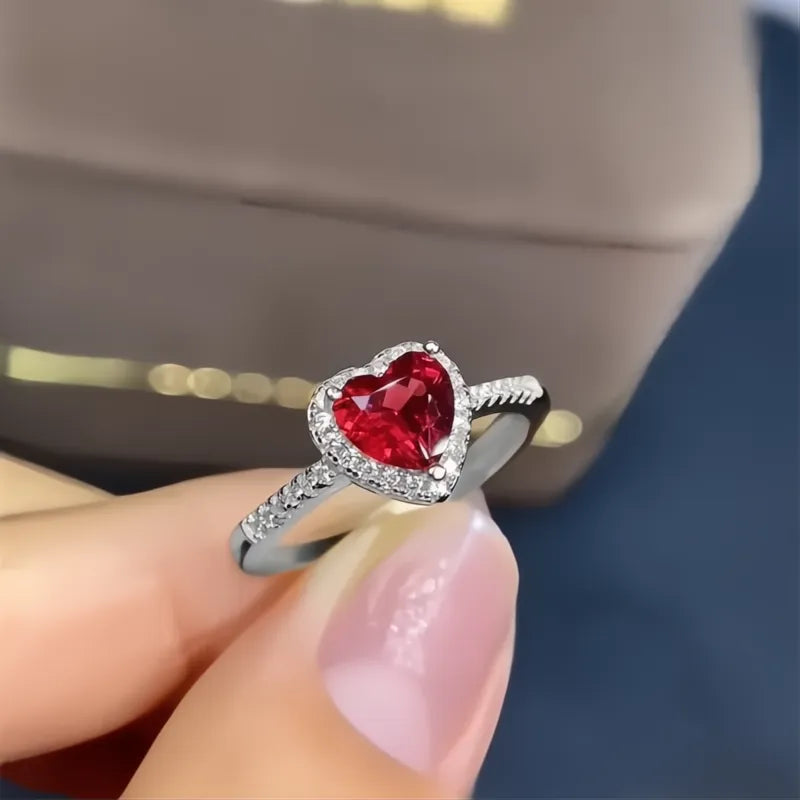 Classic Silver Heart Engagement Ring for Women Copper CZ Stone Inlay Wedding Jewelry Gift