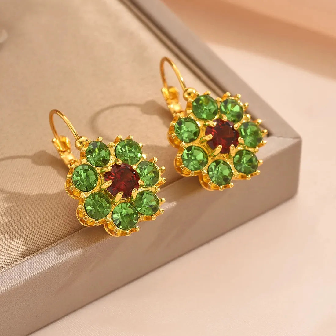 Festival Round Flower Inlay Green Red Stone Drop Earrings for Women Party Jewelry