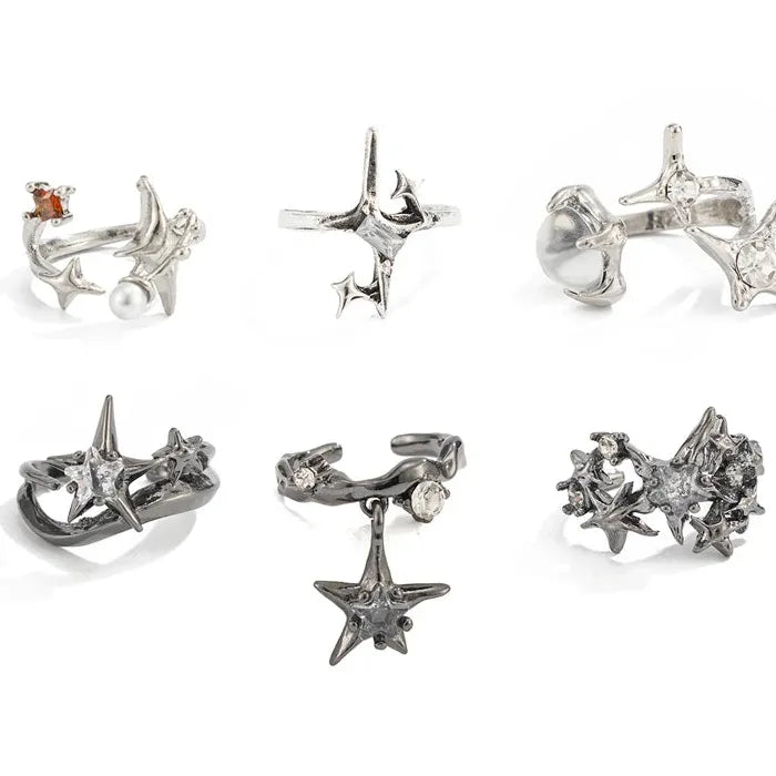 6Pcs Adjustable Metal Pentagram Star Rings Set Hip-Hop Punk Men Jewelry