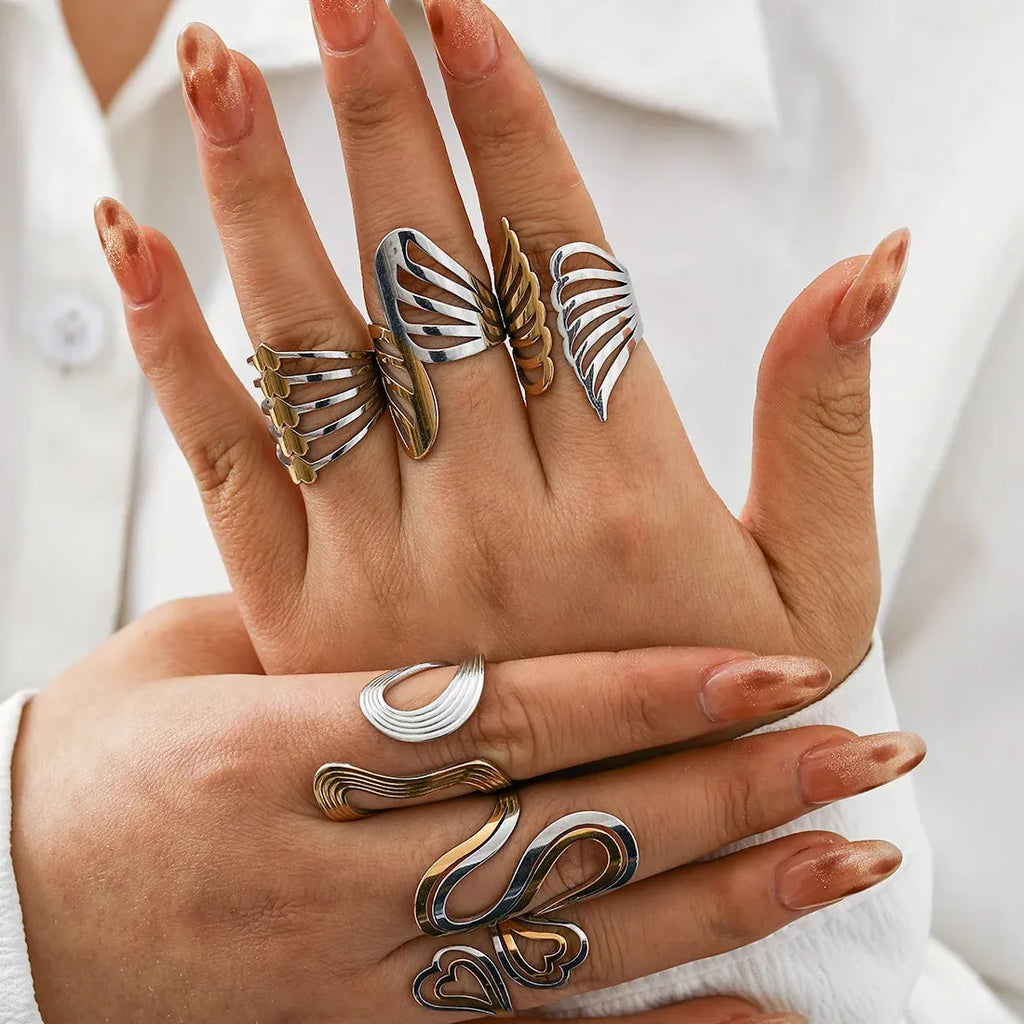Vintage Geometric Multi-Layer Irregular Leaf Heart Stainless Steel Cocktail Ring
