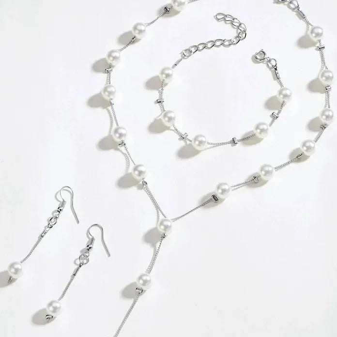 3Pcs Korean Gold Pearl Choker Necklace Earrings Set Fashion Jewelry