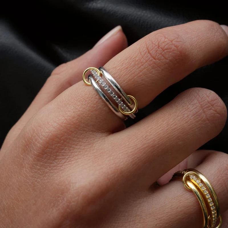 Multi Connected Triple Layer Gold CZ Zircon Punk Stacking Ring for Women
