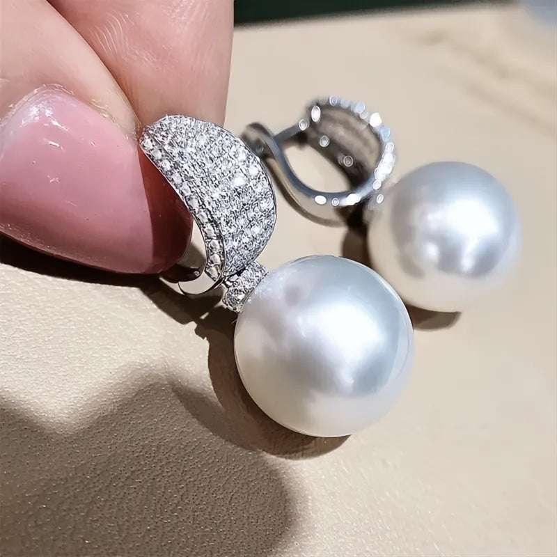 Luxury CZ Imitation Pearl Drop Earrings for Women Silver Tone Elegant Wedding Jewelry