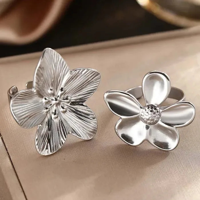 Adjustable Stainless Steel Flower Rings Set for Women Gold Tone Jewelry
