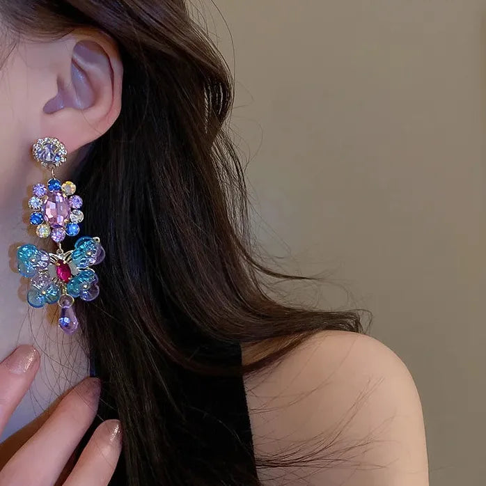 Silver Needle Asymmetrical Diamond Crystal Flower Earrings 2026 Bohemian Gift