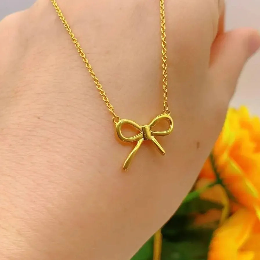 18K Gold Plated Bowknot Pendant Necklace Snake Chain Chunky Hollow Heart Zircon Jewelry