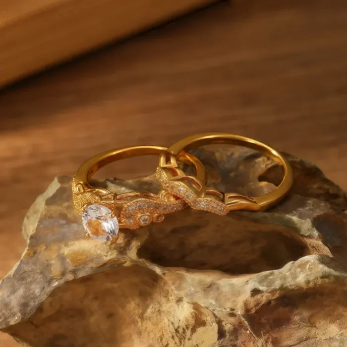 2 Pieces Copper Rings with Gold Inlaid Cubic Zirconia for Women Engagement Party Jewelry