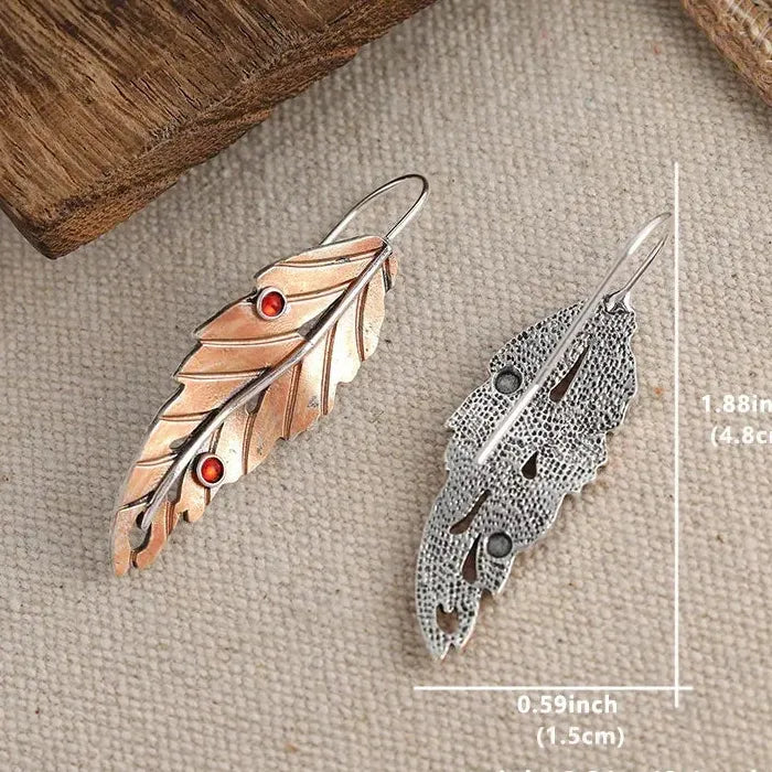Vintage Metal Geometry Leaf Pendant Earrings with Red Stone Inlay for Women