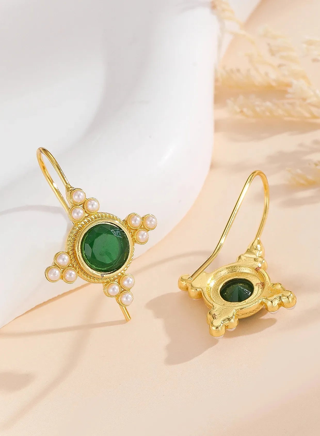 Geometric Green Stone Inlay Pearl Dangle Earrings for Women Party Jewelry