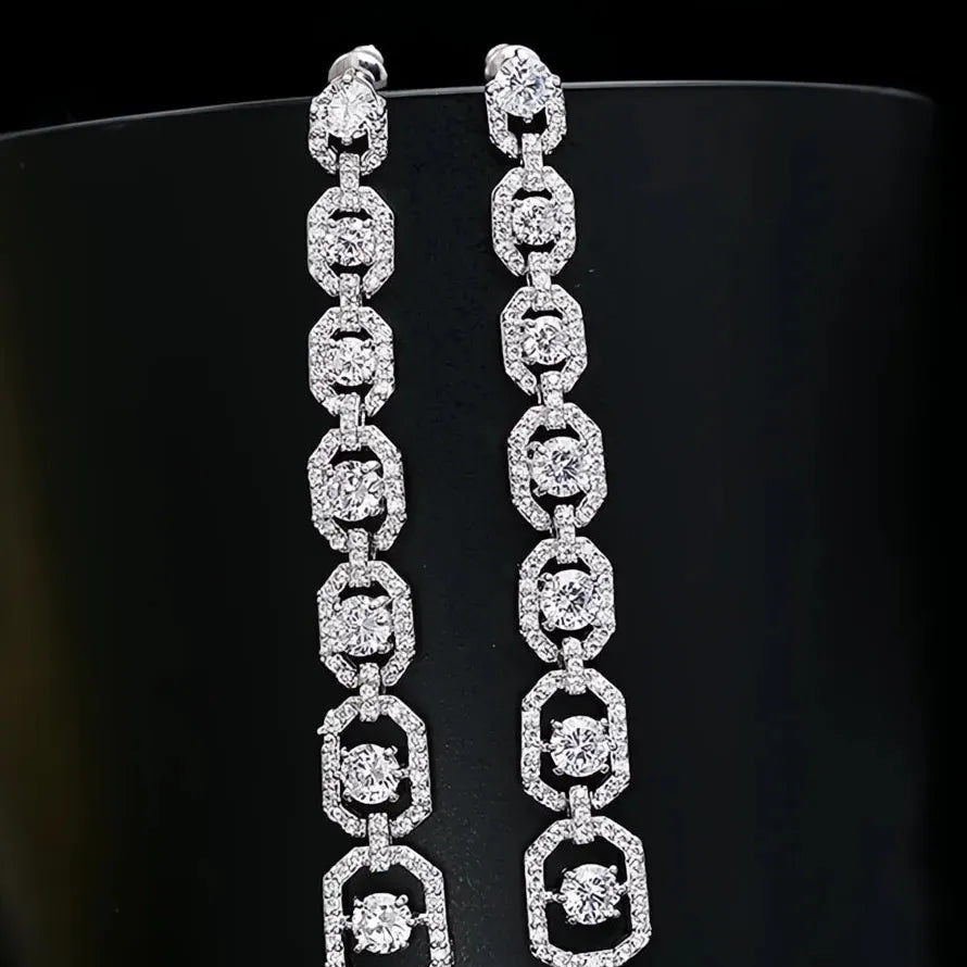Silver Color Long Geometric Drop Earrings Copper Alloy CZ Wedding Fashion 2022