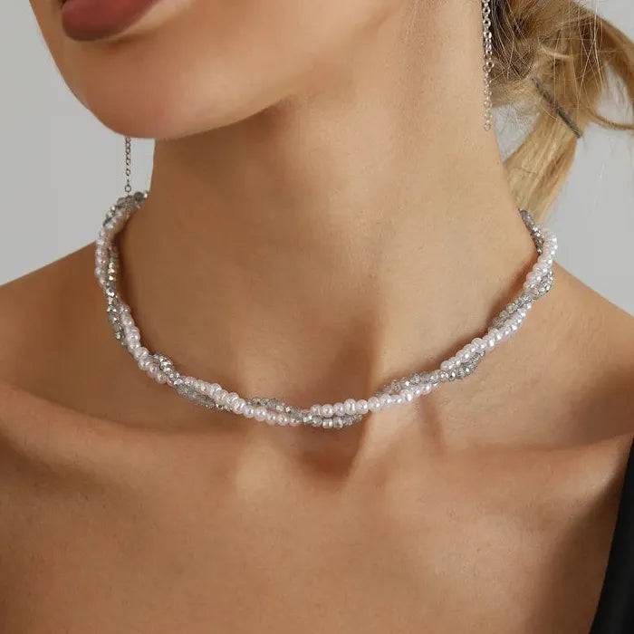 Vintage Pearl Crystal Drop Earrings and Necklace Set for Women Zinc Alloy