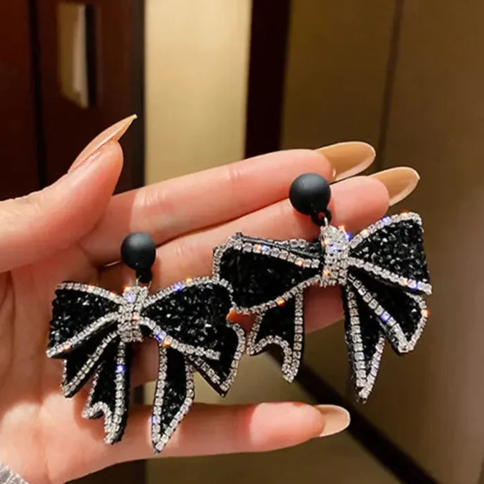Korean Style Black Bowknot Rhinestone Drop Earrings for Women Jewelry