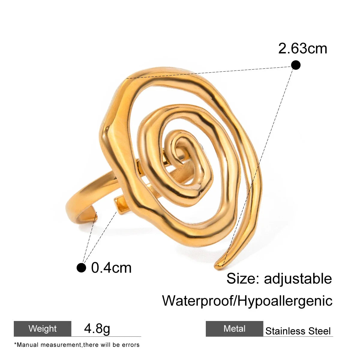 18K Gold Plated Geometric Wedding Band Stainless Steel Adjustable Ring Charm Jewelry