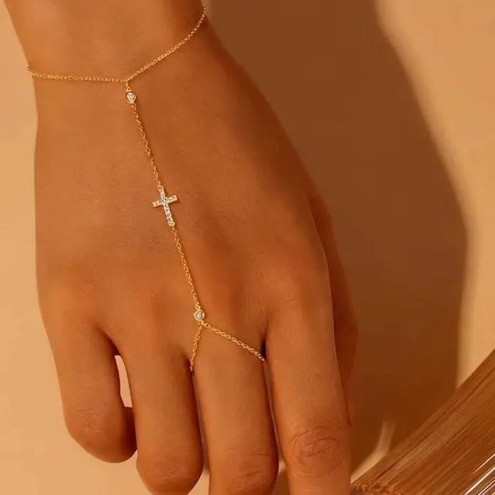 Copper Metal Cross Bracelet for Women Crystal Zircon Bead Chain Bangle Jewelry