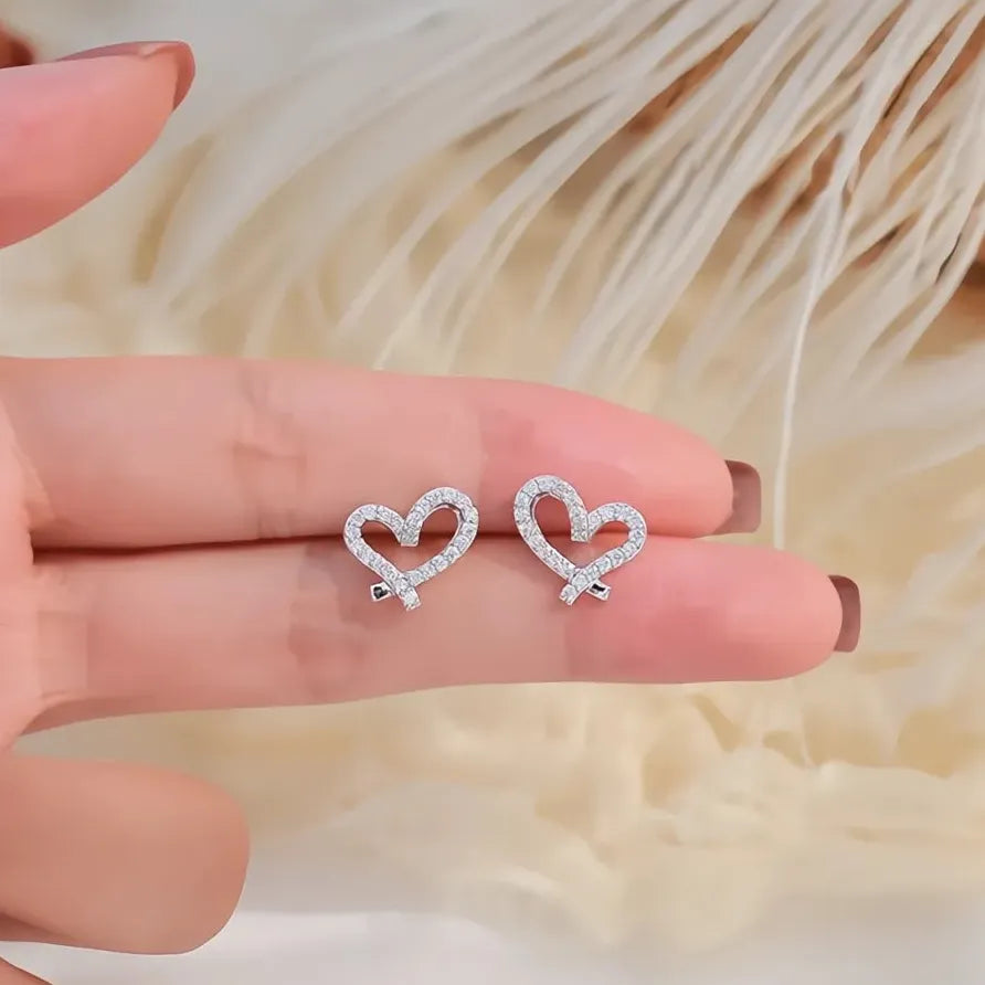 Geometric CZ Crystal Heart Stud Earrings for Women Silver Gift