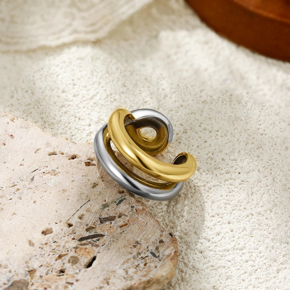 Double Layer Two-tone Knuckle Ring Women 18k Gold Plated Stainless Steel Gothic Jewelry