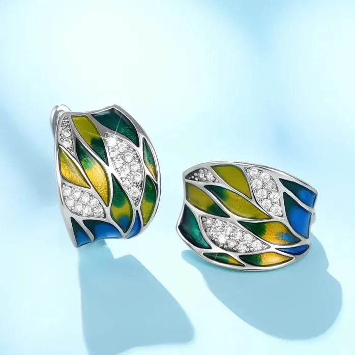 Women's Leaf Design Enamel Hoop Earrings Brass Alloy Anniversary Jewelry