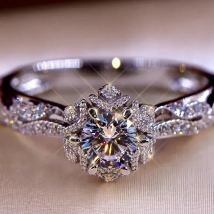 Silver Color Zinc Alloy Women’s Fashion Ring Inlaid Round Flower Stones Wedding Engagement Jewelry