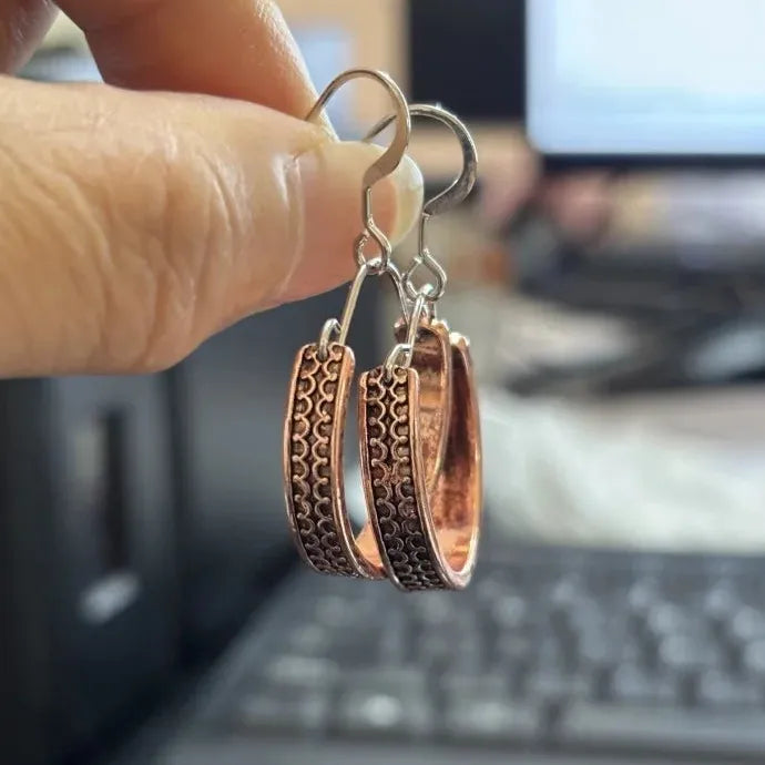 Vintage Half Round Hand Carved Zinc Alloy Earrings for Women, Red Copper Hook