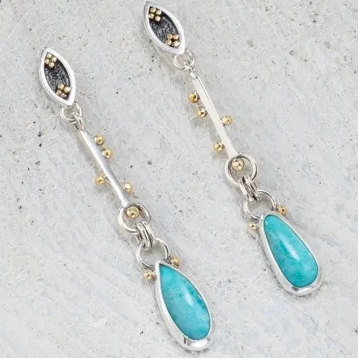 Vintage Synthetic Turquoise Water Droplet Long Pendant Earrings Zinc Alloy Bohemian Jewelry for Women