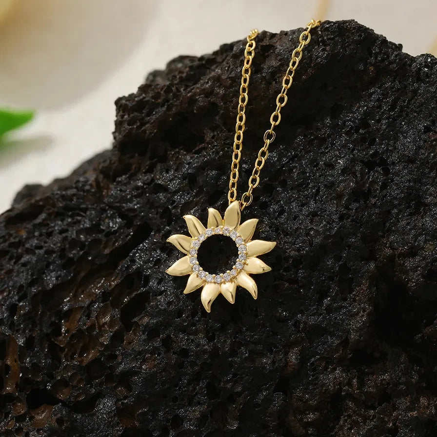 Sunflower CZ Zircon 18K Gold Plated Geometric Pendant Necklace for Women Gift