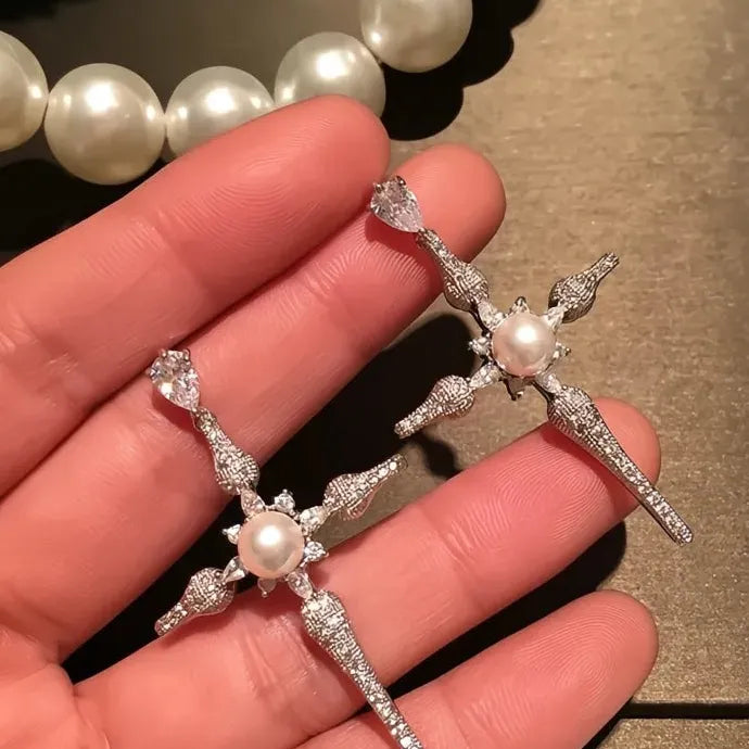 Luxury Cross Pendant Drop Earrings with Cubic Zirconia & Simulated Pearl Brass