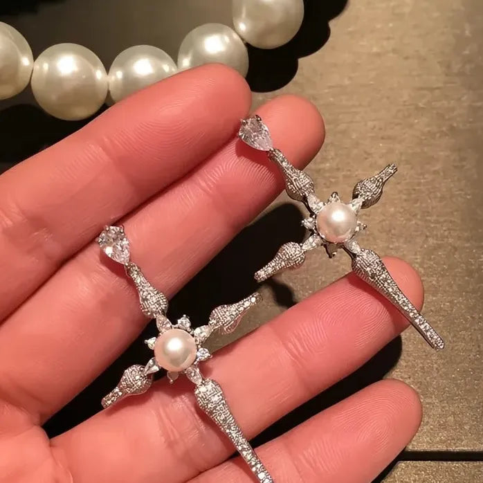 Luxury Cross Drop Earrings for Women with Zirconia and Pearl Accents