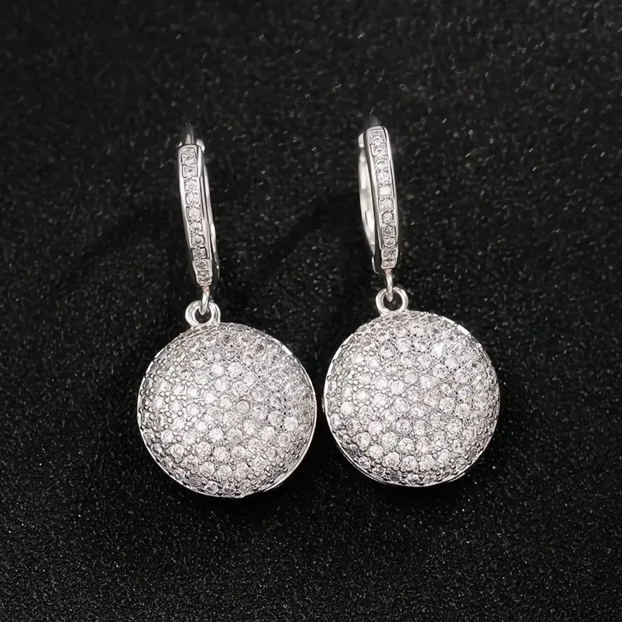 Silver CZ Round Geometric Pendant Dangle Earrings Luxury Bride Jewelry Copper Alloy