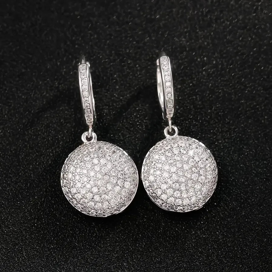 Full Paved CZ Round Dangle Pendant Earrings Silver Wedding Jewelry