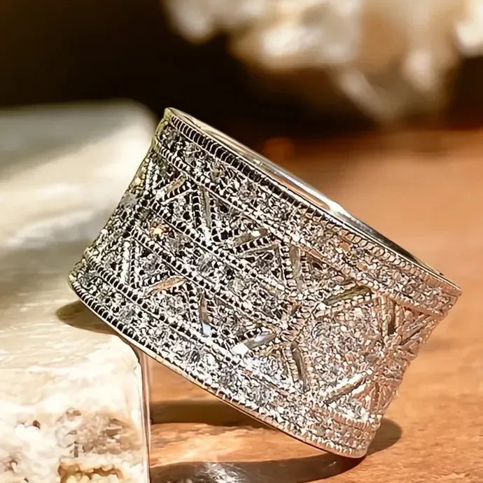Women Silver Wide Wedding Ring Cubic Zirconia Fashion Jewelry Brass