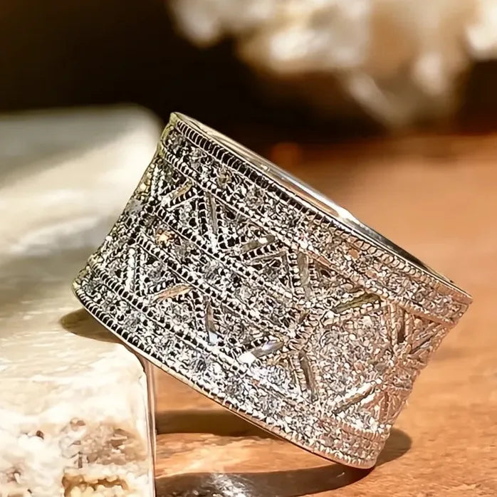 Women’s Silver Wide Metal Geometric Wedding Band with Cubic Zirconia