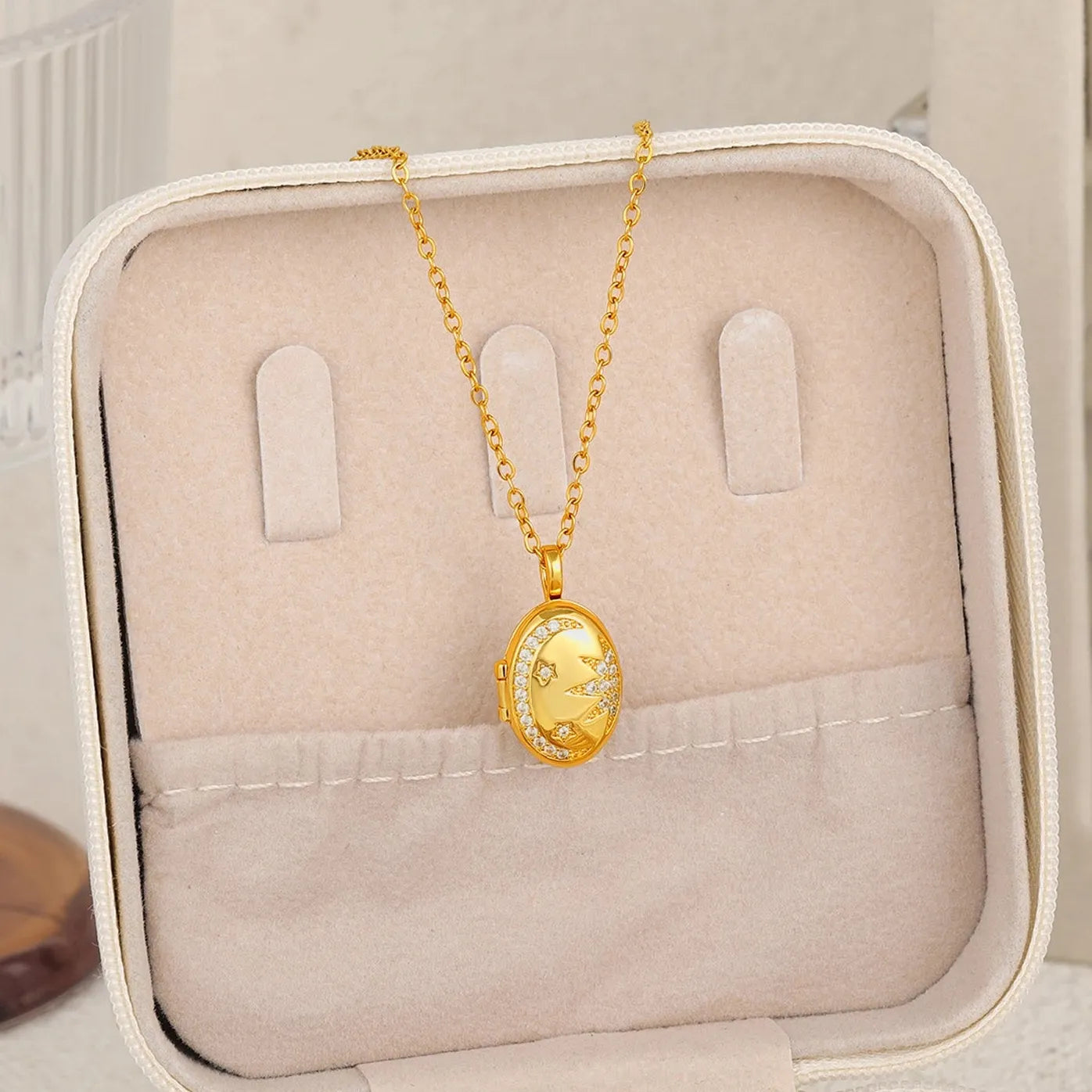 Sun Moon Star Openable Photo Frame Necklace Stainless Steel 18K Gold Jewelry