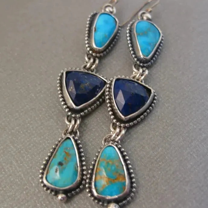 Vintage Triangle Blue Green Stone Drop Earrings Bohemian Ethnic Zinc Alloy Dangle
